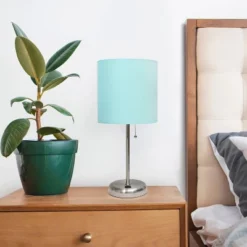 19.5" Bedside USB Port Feature Metal Table Desk Lamp Brushed Steel With Aqua Blue Fabric Shade - Creekwood Home -Adesso Shop GUEST 97aac017 e9b6 4a66 b0ac 0ed0f6523b3c