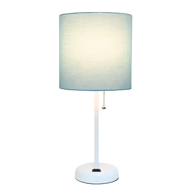 19.5" Bedside Power Outlet Base Metal Table Desk Lamp In White With Aqua Blue Fabric Shade - Creekwood Home 3 19.5" Bedside Power Outlet Base Metal Table Desk Lamp In White With Aqua Blue Fabric Shade - Creekwood Home