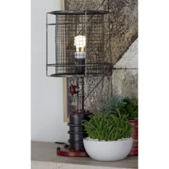 10" X 21" Industrial Accent Lamp With Iron Wire Cage Shade Red/Black - Olivia & May