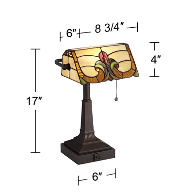 Robert Louis Tiffany Traditional Piano Banker Desk Table Lamp 17" High With AC Power Outlet Bronze Floral Art Glass Bedroom Office 7 Robert Louis Tiffany Traditional Piano Banker Desk Table Lamp 17" High With AC Power Outlet Bronze Floral Art Glass Bedroom Office - Image 5