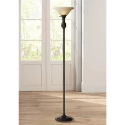 Regency Hill Traditional Torchiere Floor Lamp 70" Tall Hand Applied Black Bronze Swirl Font Amber Glass Shade For Living Room Uplight
