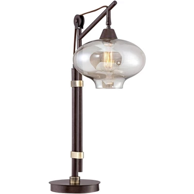 Franklin Iron Works Modern Industrial Desk Lamp 29" Tall With USB Charging Port Bronze Metal Cognac Glass Shade For Bedroom Living Room House Bedside 9 Franklin Iron Works Modern Industrial Desk Lamp 29" Tall With USB Charging Port Bronze Metal Cognac Glass Shade For Bedroom Living Room House Bedside - Image 7