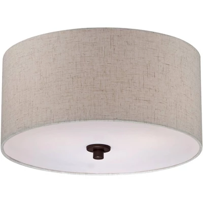 Regency Hill Sylvan Modern Ceiling Light Semi Flush Mount Fixture 14" Wide Bronze 3-Light Oatmeal Fabric Drum Shade For Bedroom Kitchen Living Room 6 Regency Hill Sylvan Modern Ceiling Light Semi Flush Mount Fixture 14" Wide Bronze 3-Light Oatmeal Fabric Drum Shade For Bedroom Kitchen Living Room - Image 5