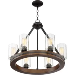 Franklin Iron Works Metal Wood Wagon Wheel Chandelier 25" Wide Rustic Farmhouse Clear Seeded Glass 6-Light Fixture For Dining Room -Adesso Shop GUEST a23568cd 80c5 406d b6ba 512e27247b3d