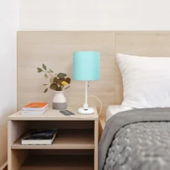 19.5" Bedside Power Outlet Base Metal Table Desk Lamp In White With Aqua Blue Fabric Shade - Creekwood Home 15 19.5" Bedside Power Outlet Base Metal Table Desk Lamp In White With Aqua Blue Fabric Shade - Creekwood Home -Adesso Shop GUEST a5710162 aa86 41e0 88b7 204f955ab3a6