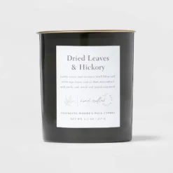 Clear Colored Glass With Woodwick And Brass Metal Inset Lid Dried Leaves + Hickory Candle Green - Threshold™ -Adesso Shop GUEST adc468e2 1dcd 4c1d 9a55 e64ee2c8bece