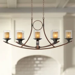 Franklin Iron Works Tafford Mahogany Wood Linear Pendant Chandelier 43 1/4" Wide Rustic Farmhouse Clear Glass 8-Light Fixture For Dining Room Kitchen