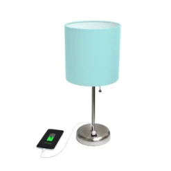 19.5" Bedside USB Port Feature Metal Table Desk Lamp Brushed Steel With Aqua Blue Fabric Shade - Creekwood Home -Adesso Shop GUEST af0fcb74 256f 4c50 a804 545b5ead6153
