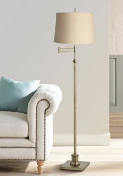 360 Lighting Modern Floor Lamp Adjustable Swing Arm 70" Tall Antique Brass Burlap Drum Shade For Living Room Reading Bedroom Office