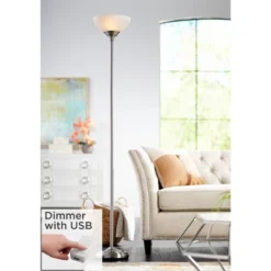 360 Lighting Modern Torchiere Floor Lamp With USB Charging Port 71” Tall Satin Nickel Alabaster Glass Shade Living Room Reading