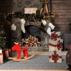 Candy Cane Lane 8/10/12 Inch Set Of Three Silver With Red Bow Presents Outdoor Led Décor, Nested