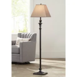 Regency Hill Traditional Floor Lamp 59" Tall Italian Bronze Taupe Faux Silk Square Hardback Shade For Living Room Reading Bedroom Office