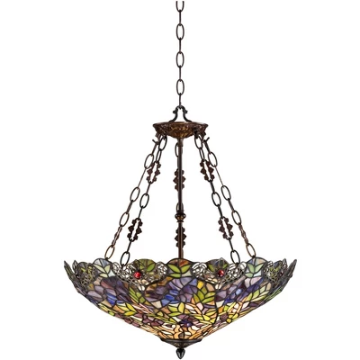 Robert Louis Tiffany Bronze Pendant Chandelier 22" Wide Rustic Floral Garden Stained Glass 3-Light Fixture For Dining Room House Foyer Kitchen Island 7 Robert Louis Tiffany Bronze Pendant Chandelier 22" Wide Rustic Floral Garden Stained Glass 3-Light Fixture For Dining Room House Foyer Kitchen Island - Image 5