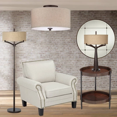 Regency Hill Sylvan Modern Ceiling Light Semi Flush Mount Fixture 14" Wide Bronze 3-Light Oatmeal Fabric Drum Shade For Bedroom Kitchen Living Room 8 Regency Hill Sylvan Modern Ceiling Light Semi Flush Mount Fixture 14" Wide Bronze 3-Light Oatmeal Fabric Drum Shade For Bedroom Kitchen Living Room - Image 7