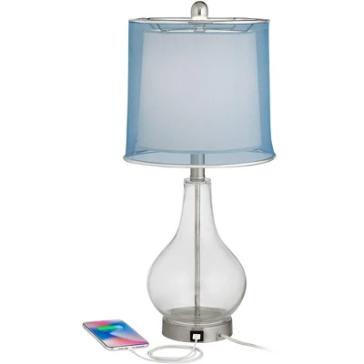360 Lighting Modern Accent Table Lamps 21.75" High Set Of 2 With USB Charging Port Clear Glass Blue Drum Shade For Living Room Desk Bedroom Office 4 360 Lighting Modern Accent Table Lamps 21.75" High Set Of 2 With USB Charging Port Clear Glass Blue Drum Shade For Living Room Desk Bedroom Office - Image 2