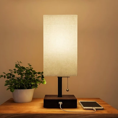 USB Rectangle Lamp With Wood Base (Includes LED Light Bulb) 4 USB Rectangle Lamp With Wood Base (Includes LED Light Bulb) - Image 2