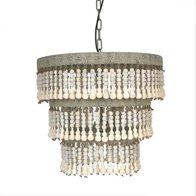 3-Tier Round Metal Chandelier With 3 Lights And Hanging Wood Beads Cream - Storied Home 3 3-Tier Round Metal Chandelier With 3 Lights And Hanging Wood Beads Cream - Storied Home