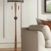 Franklin Iron Works Modern Mid Century Farmhouse Rustic Floor Lamp 64" Tall Bronze Cherry Wood Metal Cream Double Drum Shade For Living Room Reading