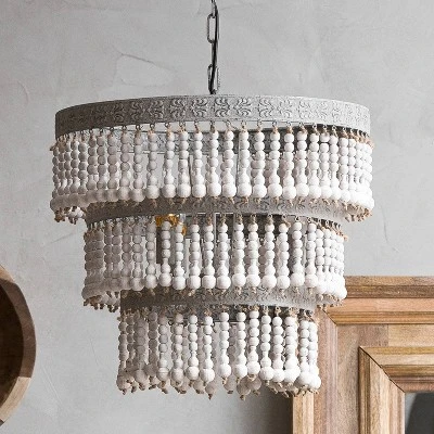 3-Tier Round Metal Chandelier With 3 Lights And Hanging Wood Beads Cream - Storied Home 8 3-Tier Round Metal Chandelier With 3 Lights And Hanging Wood Beads Cream - Storied Home - Image 6