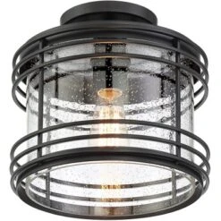 Possini Euro Design Modern Semi Flush Mount Outdoor Ceiling Light Fixture Black Geometric 11" Clear Seedy Glass For Exterior House Porch Patio Deck -Adesso Shop GUEST cb8c1411 a795 4f98 aa4e 939519680ea3