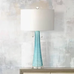 Possini Euro Design Modern Table Lamps 28.5" Tall Set Of 2 Light Sky Blue Fluted Glass White Drum Shade For Living Room Bedroom Office Family -Adesso Shop GUEST cc70cf51 11c5 4293 86bb 9a8e958c559e