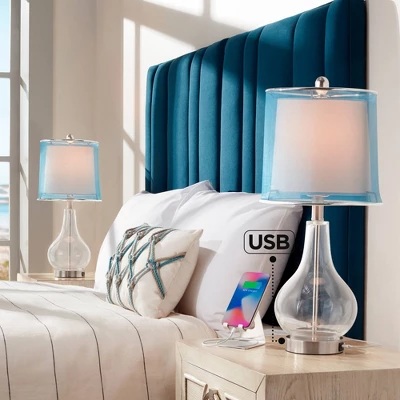 360 Lighting Modern Accent Table Lamps 21.75" High Set Of 2 With USB Charging Port Clear Glass Blue Drum Shade For Living Room Desk Bedroom Office 3 360 Lighting Modern Accent Table Lamps 21.75" High Set Of 2 With USB Charging Port Clear Glass Blue Drum Shade For Living Room Desk Bedroom Office