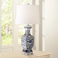 Barnes And Ivy Table Lamps 28" Tall Set Of 2 Porcelain Blue Floral Jar Geneva White Drum Shade For Living Room Family Bedroom Bedside -Adesso Shop GUEST ce1c5ab9 2842 4352 8fa7 ab6e9eb04d85