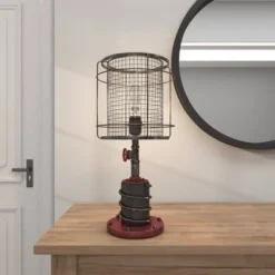 10" X 21" Industrial Accent Lamp With Iron Wire Cage Shade Red/Black - Olivia & May -Adesso Shop GUEST db700367 7252 4f03 b899 767a0d8257d3