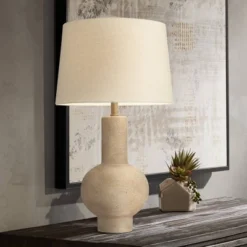 360 Lighting Sandstone Gourd 27" Tall Farmhouse Rustic Modern Coastal Table Lamp Brown Single Beige Shade Living Room Bedroom Bedside Nightstand House