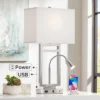 Possini Euro Design Modern Table Lamp With USB Outlet Reading Light LED 29.25" Tall Brushed Nickel Rectangular Off White Shade Bedroom Office