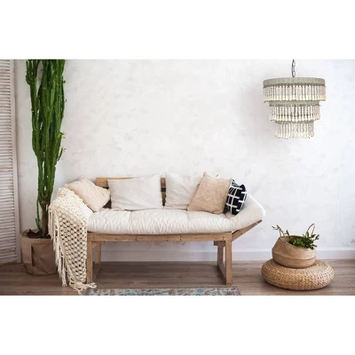 3-Tier Round Metal Chandelier With 3 Lights And Hanging Wood Beads Cream - Storied Home 7 3-Tier Round Metal Chandelier With 3 Lights And Hanging Wood Beads Cream - Storied Home - Image 5