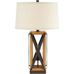 Franklin Iron Works Gaines Rustic Farmhouse Table Lamp 28 1/2" Tall Bronze Wood With LED Nightlight Off White Burlap Drum Shade For Bedroom House Home -Adesso Shop GUEST e0f2cae7 60ae 45cc 987d 7e4a8d94e71d