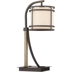Franklin Iron Works Gentry Industrial Desk Lamp 22" High Oil Rubbed Bronze Faux Wood Cage With USB And AC Power Outlet In Base Oatmeal Shade For Desk -Adesso Shop GUEST e3cef309 c454 45d6 a010 6a10c5bf9fcd