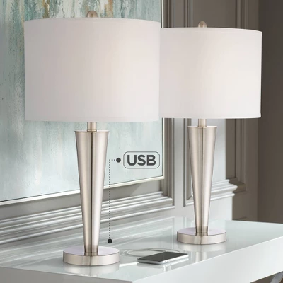 360 Lighting Geoff Modern Table Lamps 26" High Set Of 2 Brushed Nickel With USB Charging Port White Drum Shade For Bedroom Living Room Bedside Desk 3 360 Lighting Geoff Modern Table Lamps 26" High Set Of 2 Brushed Nickel With USB Charging Port White Drum Shade For Bedroom Living Room Bedside Desk
