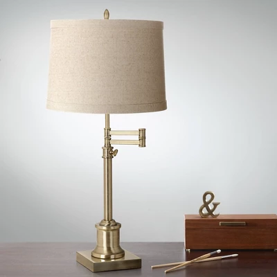 360 Lighting Swing Arm Desk Table Lamp 36" Tall Antique Brass Natural Linen Drum Shade For Living Room Bedroom Nightstand Office Family 3 360 Lighting Swing Arm Desk Table Lamp 36" Tall Antique Brass Natural Linen Drum Shade For Living Room Bedroom Nightstand Office Family