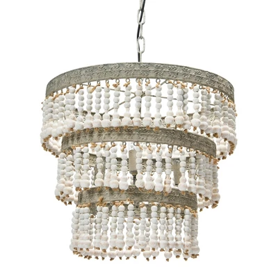 3-Tier Round Metal Chandelier With 3 Lights And Hanging Wood Beads Cream - Storied Home 6 3-Tier Round Metal Chandelier With 3 Lights And Hanging Wood Beads Cream - Storied Home - Image 4