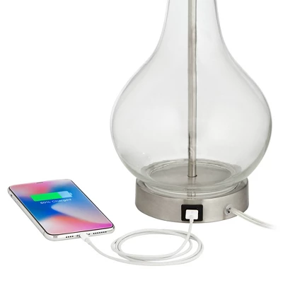 360 Lighting Modern Accent Table Lamps 21.75" High Set Of 2 With USB Charging Port Clear Glass Blue Drum Shade For Living Room Desk Bedroom Office 5 360 Lighting Modern Accent Table Lamps 21.75" High Set Of 2 With USB Charging Port Clear Glass Blue Drum Shade For Living Room Desk Bedroom Office - Image 3