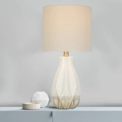 19" Textured Ceramic Accent Table Lamp With Linen Shade (Includes LED Light Bulb) White - Cresswell Lighting -Adesso Shop GUEST f69efdcc 2cc5 4c7f be4f 7ebdae8fb731