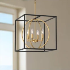 Possini Euro Design Black Warm Brass Cage Foyer Pendant Chandelier 16 1/2" Wide 4-Light Mid Century Modern For Dining Room House
