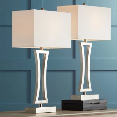 360 Lighting Roxie Modern Table Lamps 31" Tall Set Of 2 Brushed Nickel Metal Off White Fabric Rectangular Shade For Bedroom Living Room Bedside Office 3 360 Lighting Roxie Modern Table Lamps 31" Tall Set Of 2 Brushed Nickel Metal Off White Fabric Rectangular Shade For Bedroom Living Room Bedside Office