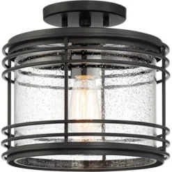 Possini Euro Design Modern Semi Flush Mount Outdoor Ceiling Light Fixture Black Geometric 11" Clear Seedy Glass For Exterior House Porch Patio Deck -Adesso Shop GUEST fce04939 7e83 4eb6 b6f7 bb35956ecf8f